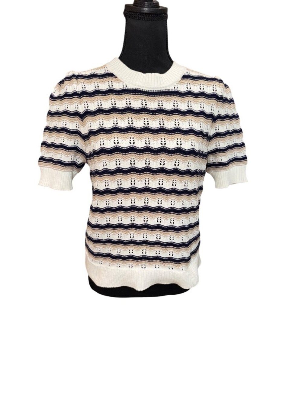 Marled Women Knit Short Sleeve Sweater M Beige Navy White Stripe Nautical Preppy - Picture 4 of 12